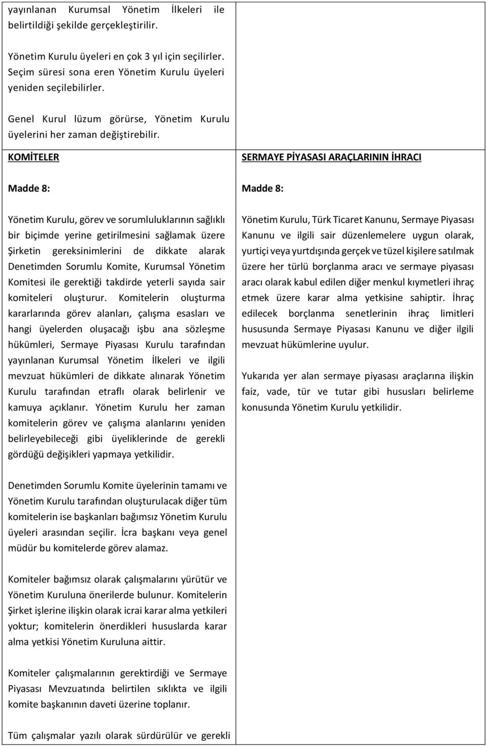 KOMİTELER SERMAYE PİYASASI ARAÇLARININ İHRACI Madde 8: Madde 8: Yönetim Kurulu, görev ve sorumluluklarının sağlıklı bir biçimde yerine getirilmesini sağlamak üzere Şirketin gereksinimlerini de