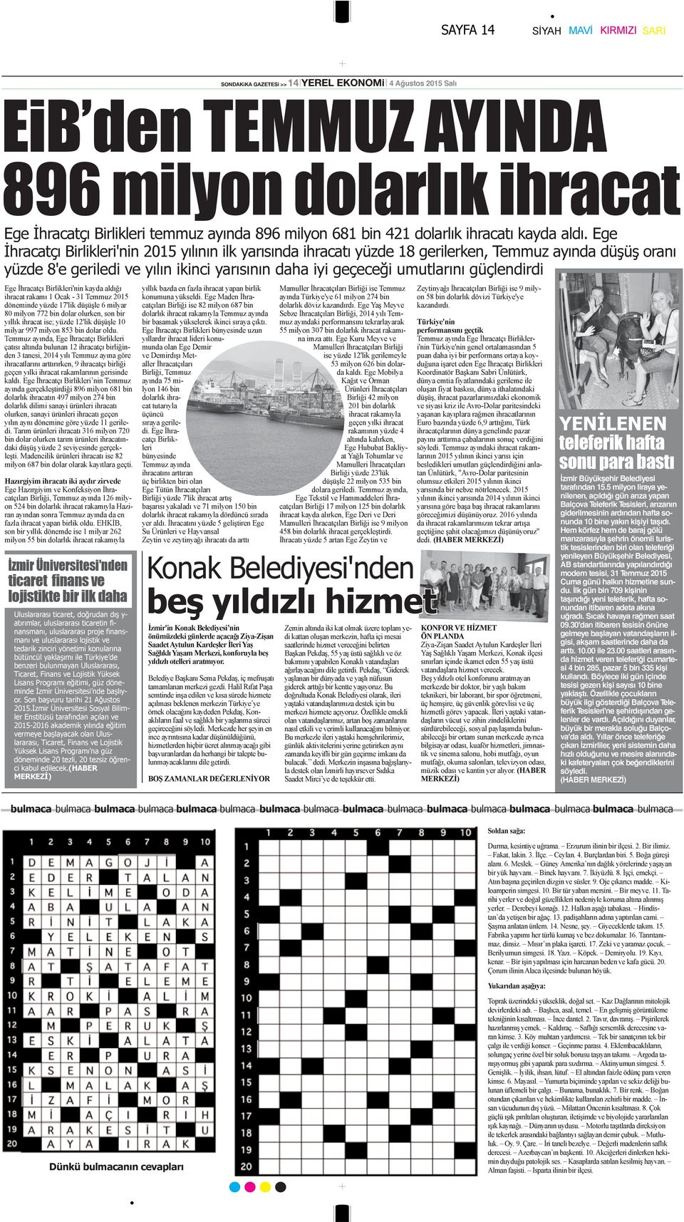 Ege İhracatçı Birlikleri'nin 2015 yılının ilk yarısında ihracatı yüzde 18 gerilerken, Temmuz ayında düşüş oranı yüzde 8'e geriledi ve yılın ikinci yarısının daha iyi geçeceği umutlarını güçlendirdi