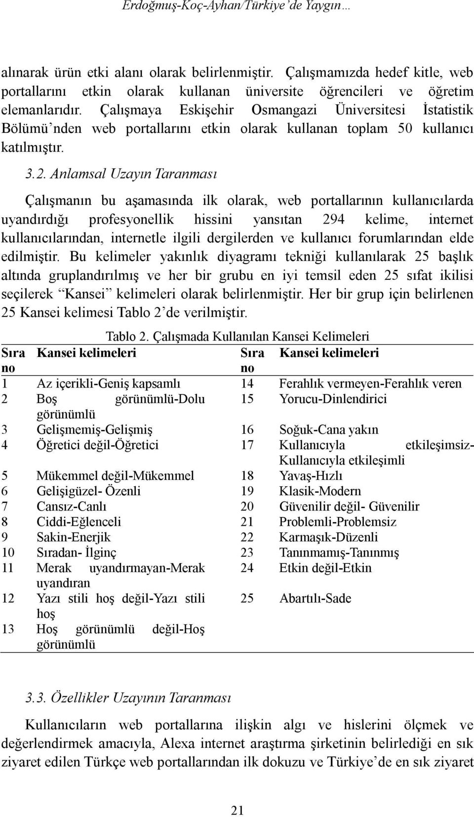 Anlamsal Uzayın Taranması Çalışmanın bu aşamasında ilk olarak, web portallarının kullanıcılarda uyandırdığı profesyonellik hissini yansıtan 294 kelime, internet kullanıcılarından, internetle ilgili