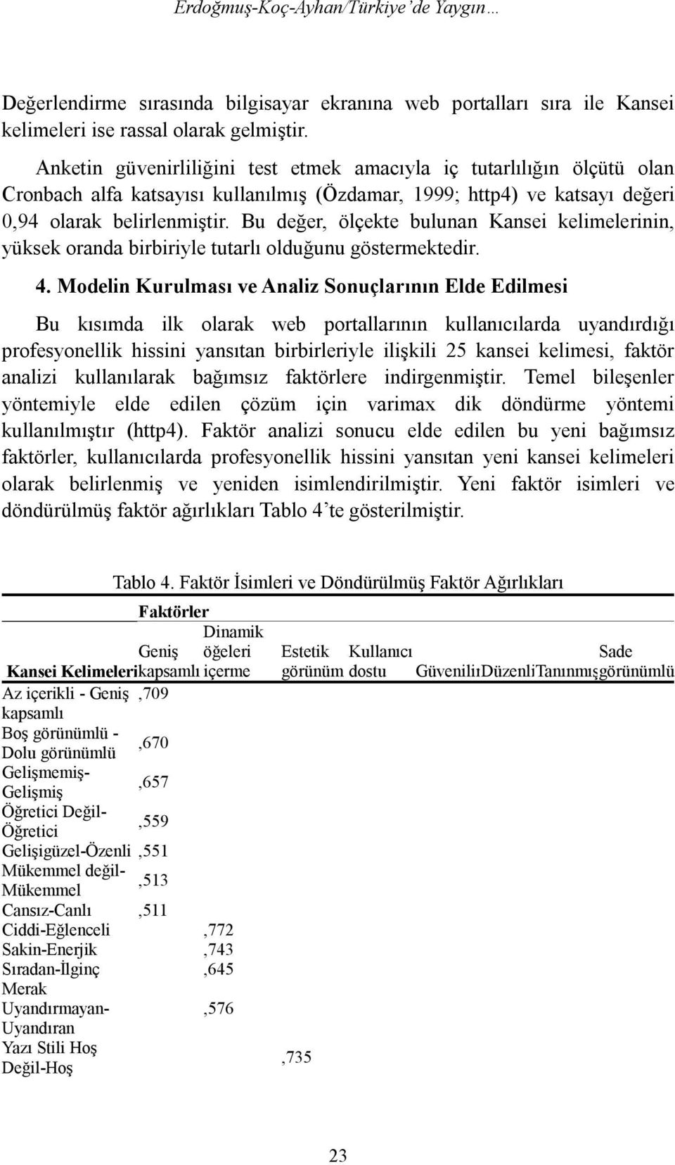 Bu değer, ölçekte bulunan Kansei kelimelerinin, yüksek oranda birbiriyle tutarlı olduğunu göstermektedir. 4.