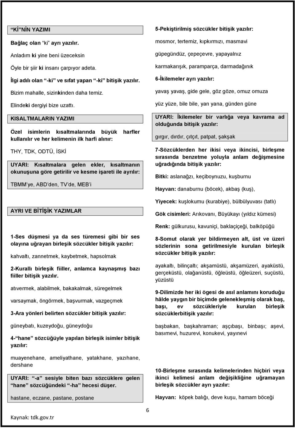 KISALTMALARIN YAZIMI Özel isimlerin kısaltmalarında büyük harfler kullanılır ve her kelimenin ilk harfi alınır: THY, TDK, ODTÜ, İSKİ UYARI: Kısaltmalara gelen ekler, kısaltmanın okunuşuna göre