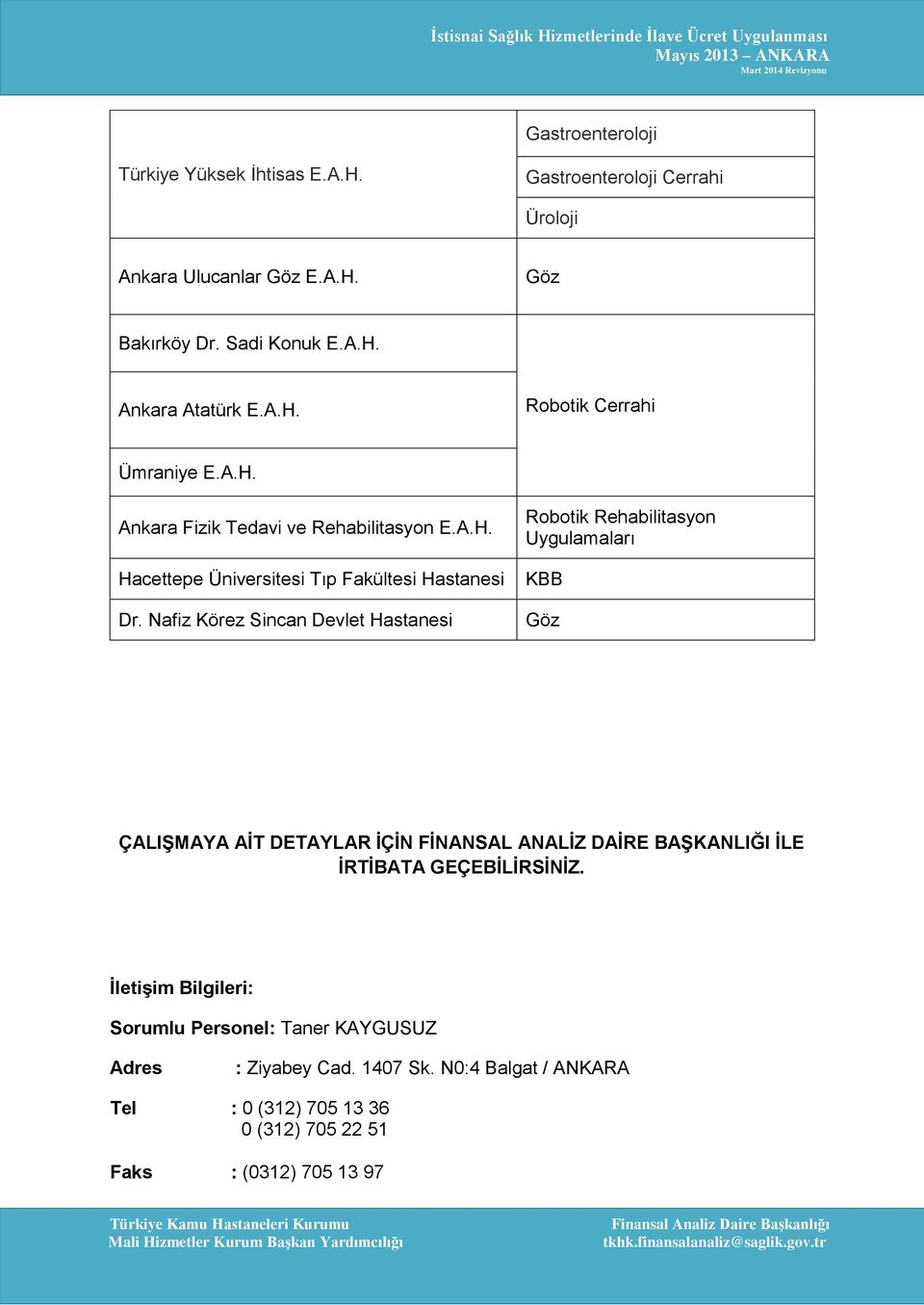 Nafiz Körez Sincan Devlet Hastanesi Robotik Rehabilitasyon Uygulamaları KBB Göz ÇALIŞMAYA AİT DETAYLAR İÇİN FİNANSAL ANALİZ DAİRE BAŞKANLIĞI İLE İRTİBATA