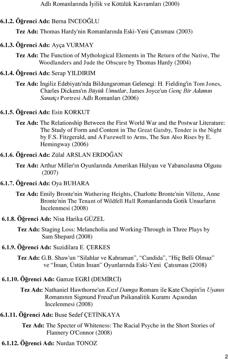 . Öğrenci Adı: Ayça VURMAY Tez Adı: The Function of Mythological Elements in The Return of the Native, The Woodlanders and Jude the Obscure by Thomas Hardy (2004)