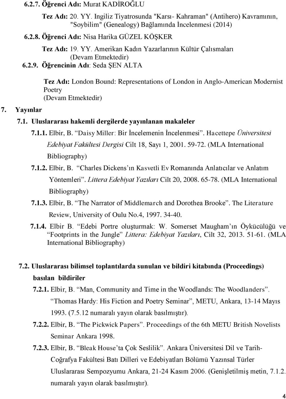 Yayınlar Tez Adı: London Bound: Representations of London in Anglo-American Modernist Poetry (Devam Etmektedir) 7.1. Uluslararası hakemli dergilerde yayınlanan makaleler 7.1.1. Elbir, B.