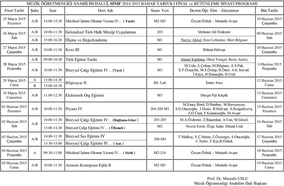 30 Koro III M1 Bülent Halvaşı 09.00-10.30 Türk Eğitim Tarihi M1 Ahmet Katılmış, Okan Yungul, Beste Atalay 10.00-11.30 Bireysel Çalgı Eğitimi IV (Yaylı ) M3 A 13.00-14.30 B 15.00-16.30 E.F.Özsaylık, M.