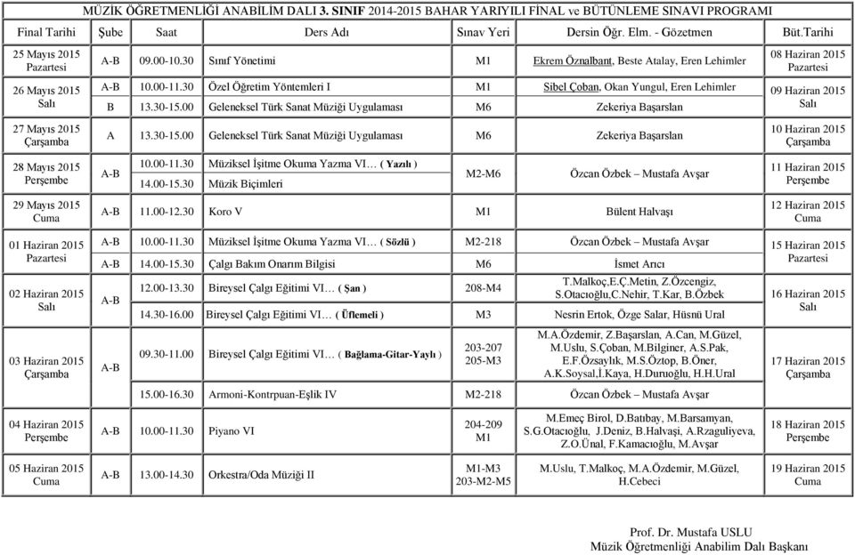 00-11.30 Müziksel İşitme Okuma Yazma VI ( Yazılı ) M2-M6 Özcan Özbek Mustafa Avşar 14.00-15.30 Müzik Biçimleri 11.00-12.30 Koro V M1 Bülent Halvaşı 10.00-11.30 Müziksel İşitme Okuma Yazma VI ( Sözlü ) M2-218 Özcan Özbek Mustafa Avşar 14.