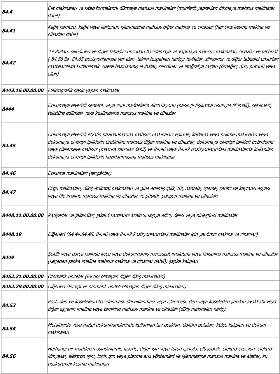 (her cins kesme makina ve cihazları dahil) 84.42 Levhaları, silindirleri ve diğer tabedici unsurları hazırlamaya ve yapmaya mahsus makinalar, cihazlar ve teçhizat ( 84.56 ila 84.