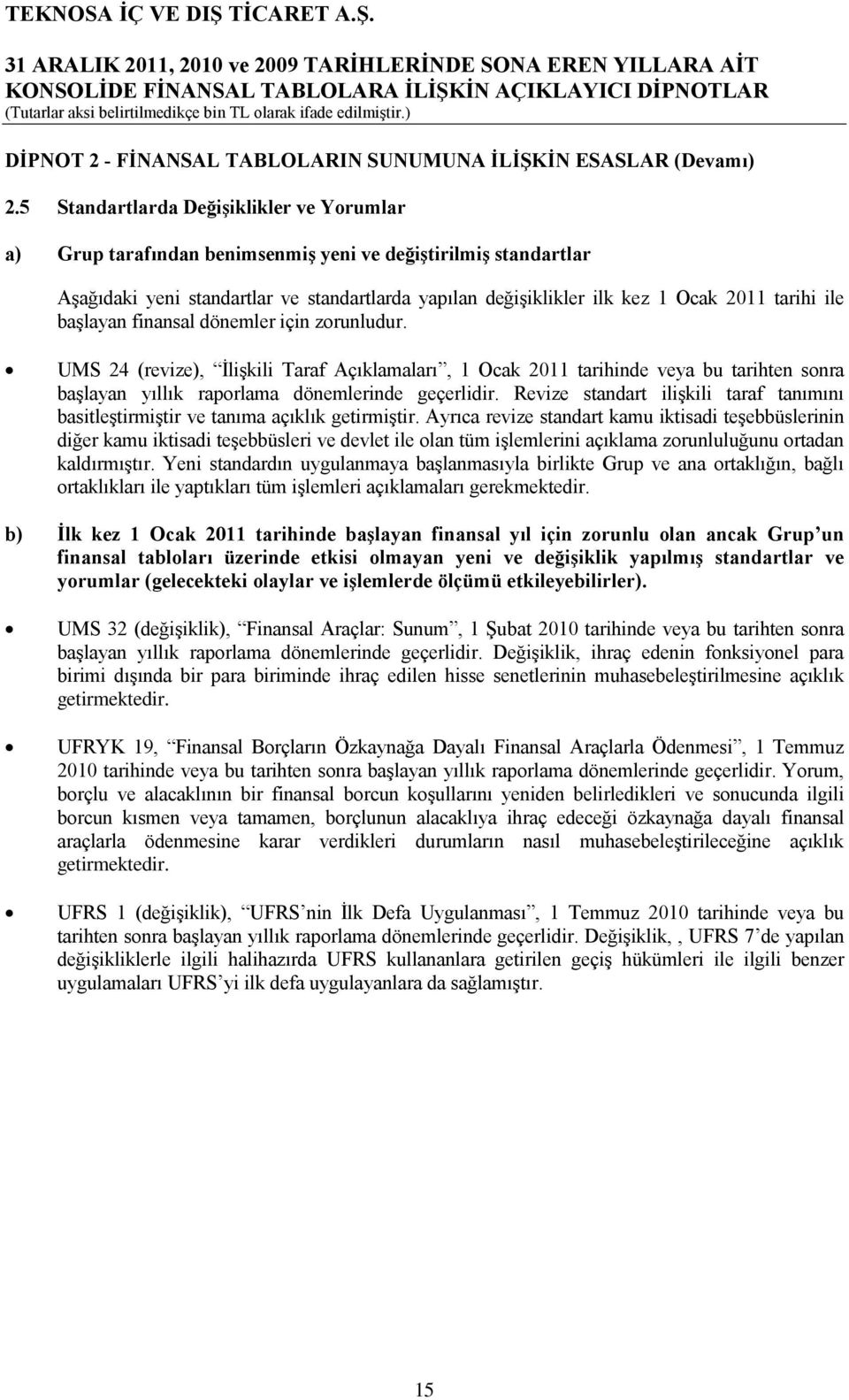 ile başlayan finansal dönemler için zorunludur. UMS 24 (revize), İlişkili Taraf Açıklamaları, 1 Ocak 2011 tarihinde veya bu tarihten sonra başlayan yıllık raporlama dönemlerinde geçerlidir.