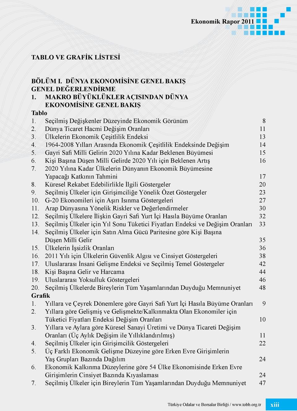 1964-2008 Yılları Arasında Ekonomik Çeşitlilik Endeksinde Değişim 14 5. Gayri Safi Milli Gelirin 2020 Yılına Kadar Beklenen Büyümesi 15 6.