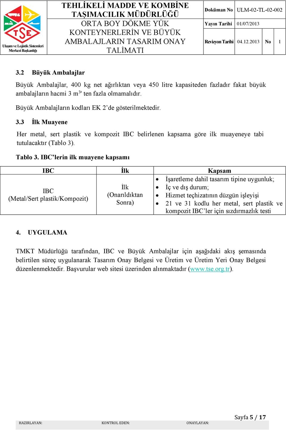 IBC lerin ilk muayene kapsamı IBC İlk Kapsam İşaretleme dahil tasarım tipine uygunluk; İlk İç ve dış durum; IBC (Onarıldıktan Hizmet teçhizatının düzgün işleyişi (Metal/Sert plastik/kompozit) Sonra)