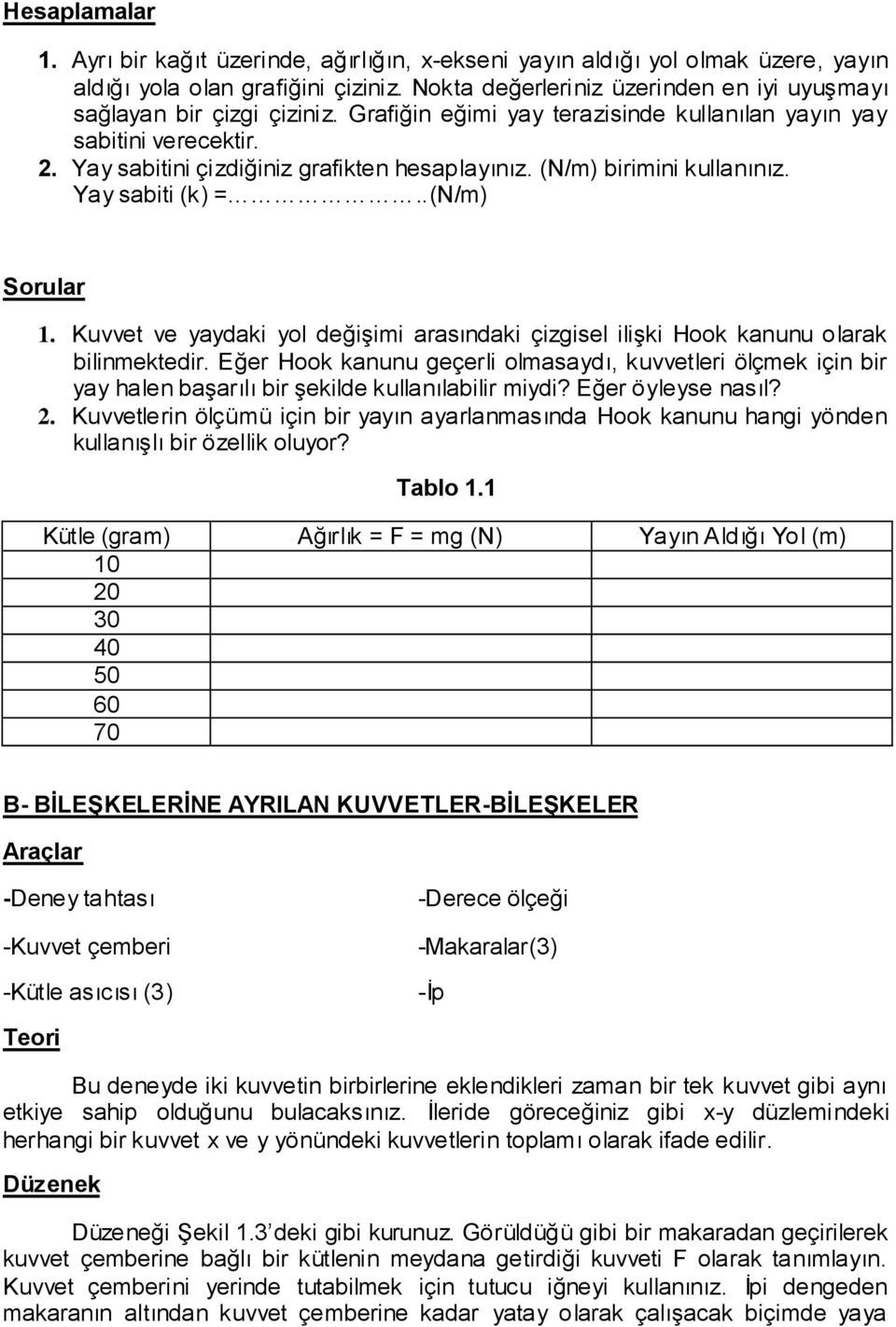 (N/m) birimini kullanınız. Yay sabiti (k) =..(N/m) Sorular 1. Kuvvet ve yaydaki yol değişimi arasındaki çizgisel ilişki Hook kanunu olarak bilinmektedir.