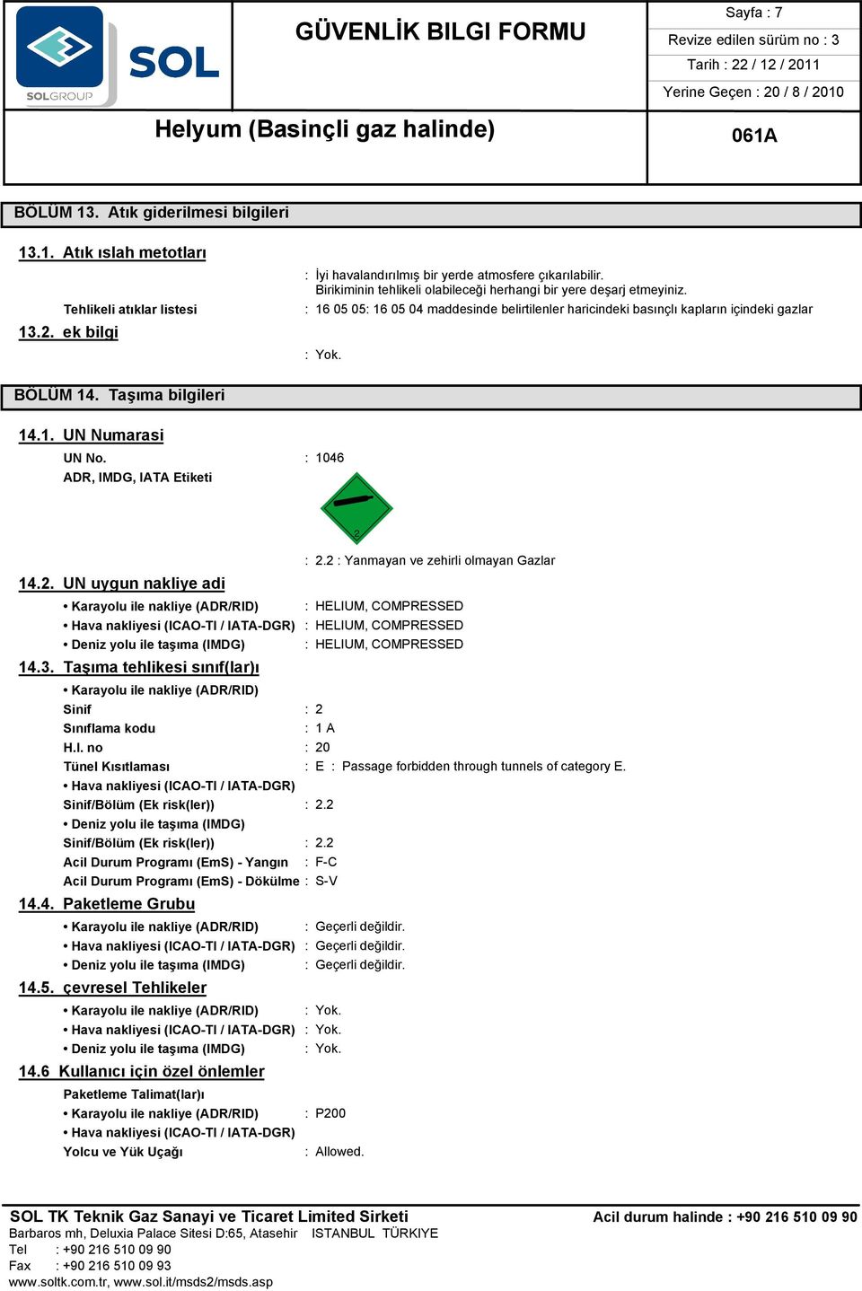 : 1046 ADR, IMDG, IATA Etiketi 14.2. UN uygun nakliye adi Karayolu ile nakliye (ADR/RID) ón : 2.