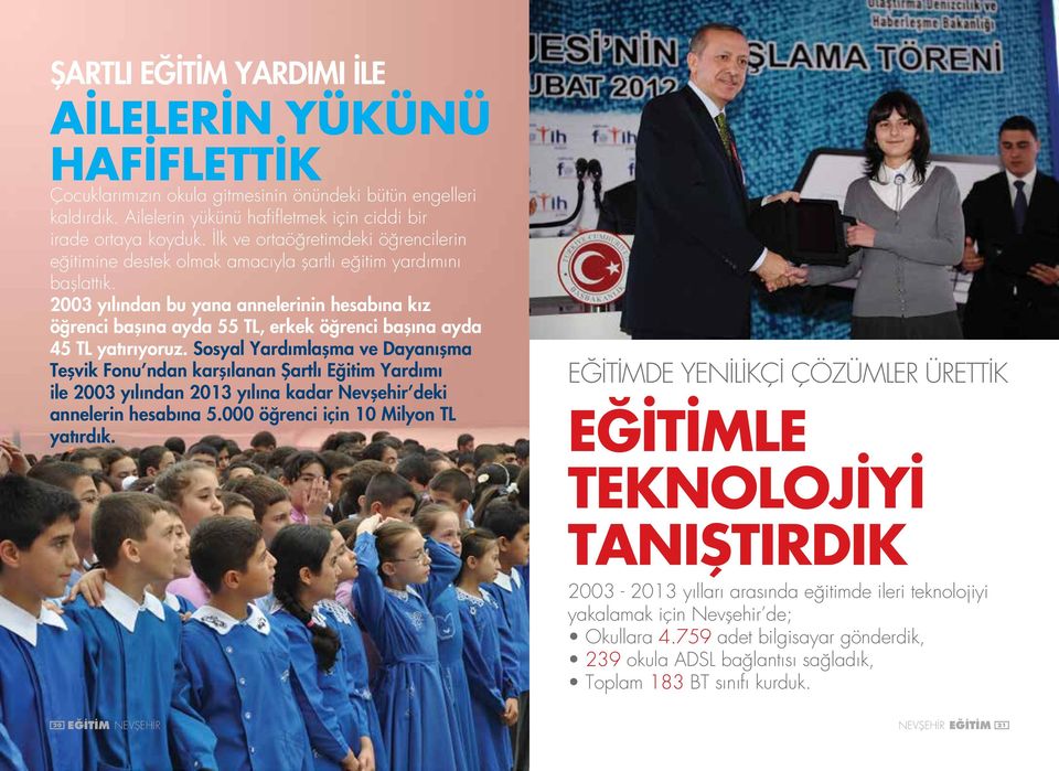 2003 yılından bu yana annelerinin hesabına kız öğrenci başına ayda 55 TL, erkek öğrenci başına ayda 45 TL yatırıyoruz.