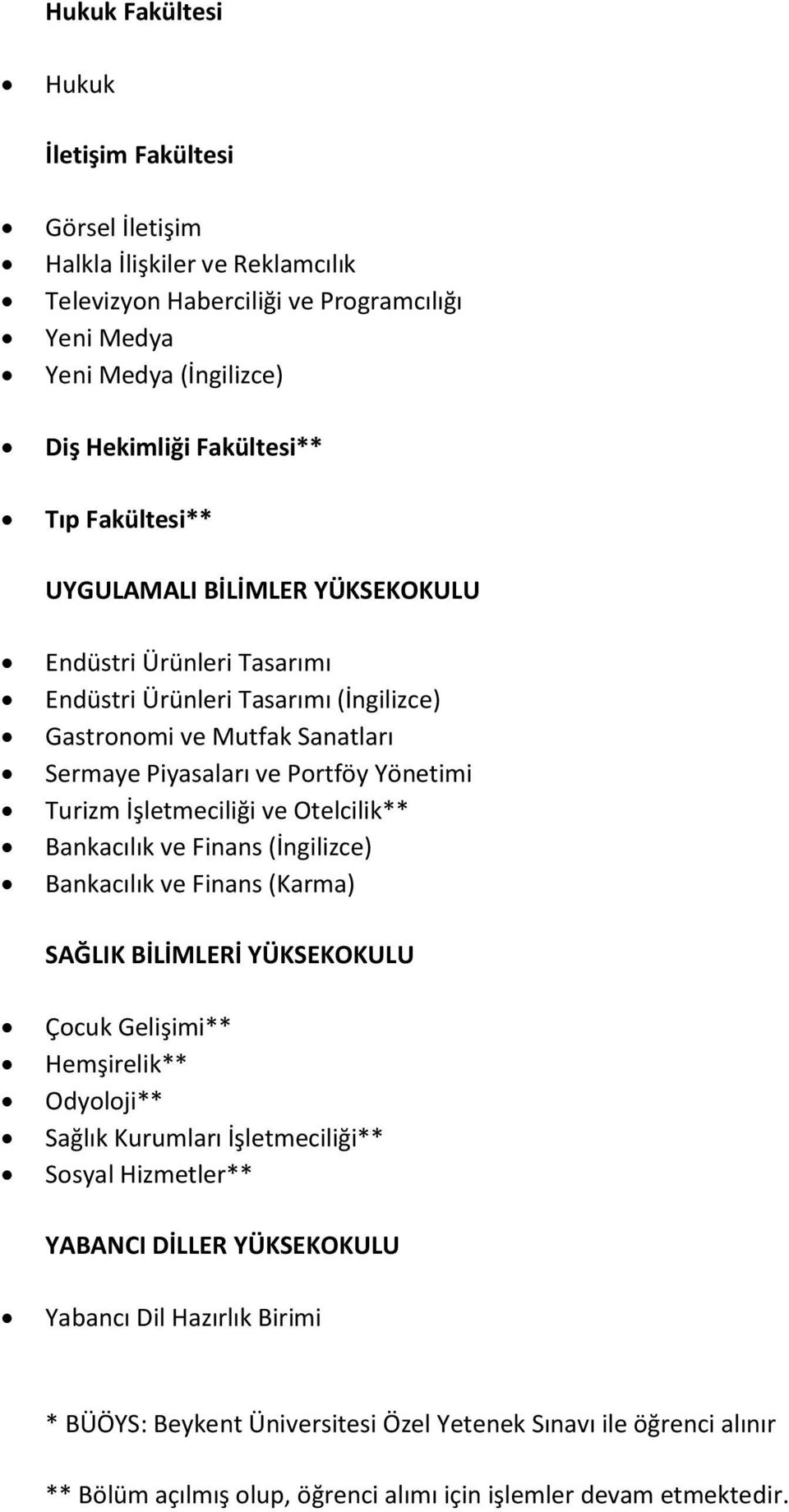 İşletmeciliği ve Otelcilik** Bankacılık ve Finans (İngilizce) Bankacılık ve Finans (Karma) SAĞLIK BİLİMLERİ YÜKSEKOKULU Çocuk Gelişimi** Hemşirelik** Odyoloji** Sağlık Kurumları İşletmeciliği**