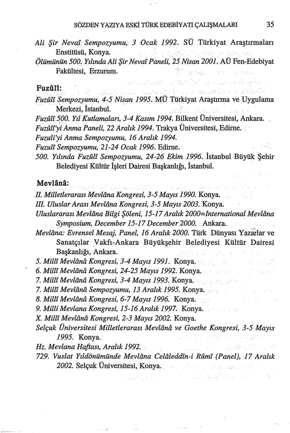 Bilkent Üniversitesi, Ankara. Fuzulf'yi Anma Paneli, 22 Aralık 1994. Trakya Üniversitesi, Edirne. Fuzıtli'yi Anma Sempo:zyumu, 16 Aralık 1994. Fuzulf Sempo:zyumu, 21-24 Ocak 1996. Edirne. 500.