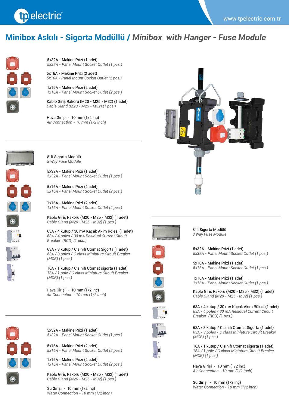 class Miniature Circuit Breaker Hava Girişi - 10 mm (1/2 inç) Air Connection - 10 mm (1/2 inch) 5x16A - Makine Prizi (1 adet) 5x16A - Panel Mount Socket Outlet (1 pcs.