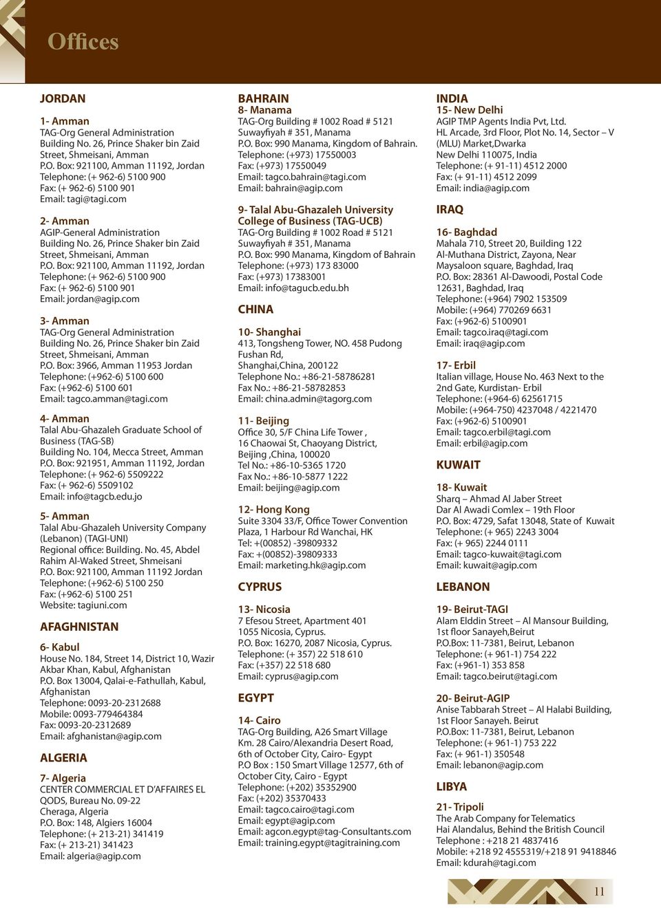 Box: 921100, Amman 11192, Jordan Telephone: (+ 962-6) 5100 900 Fax: (+ 962-6) 5100 901 Email: jordan@agip.com 3- Amman TAG-Org General Administration Building No.