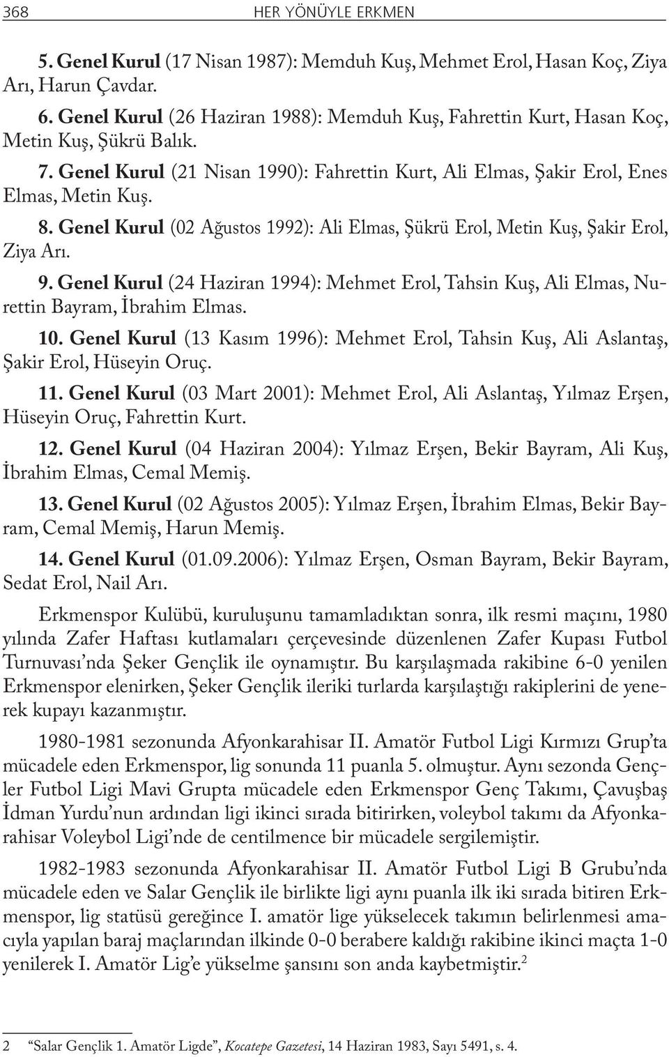 Genel Kurul (02 Ağustos 1992): Ali Elmas, Şükrü Erol, Metin Kuş, Şakir Erol, Ziya Arı. 9. Genel Kurul (24 Haziran 1994): Mehmet Erol, Tahsin Kuş, Ali Elmas, Nurettin Bayram, İbrahim Elmas. 10.