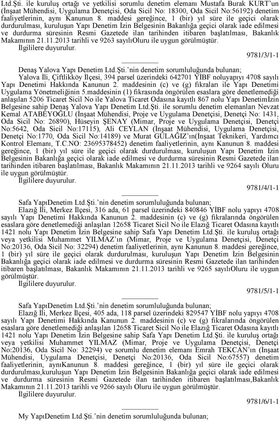 maddesi gereğince, 1 (bir) yıl süre ile geçici olarak durdurulması, kuruluşun Yapı Denetim İzin Belgesinin Bakanlığa geçici olarak iade edilmesi ve durdurma süresinin Resmi Gazetede ilan tarihinden