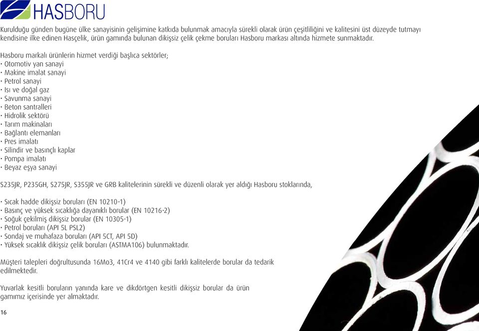 Hasboru markalı ürünlerin hizmet verdiği başlıca sektörler; Otomotiv yan sanayi Makine imalat sanayi Petrol sanayi Isı ve doğal gaz Savunma sanayi Beton santralleri Hidrolik sektörü Tarım makinaları