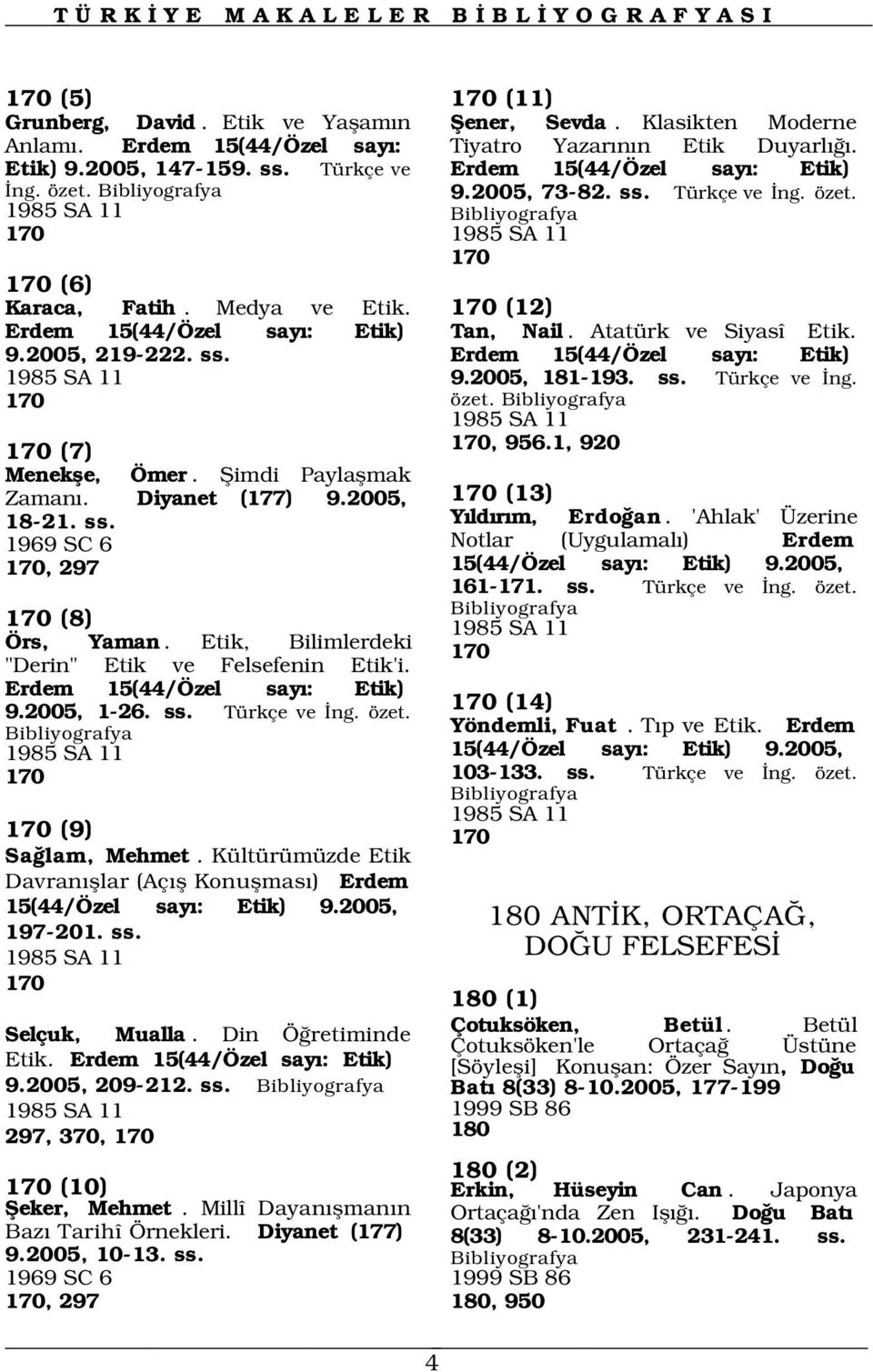 2005, 219-222. ss. 1985 SA 11 170 Tan, Nail. Atatürk ve Siyasî Etik. Erdem 15(44/Özel say : Etik) 9.2005, 181-193. ss. Türkçe ve ng. özet. 1985 SA 11 170, 956.1, 920 170 (7) Menekfle, Ömer.