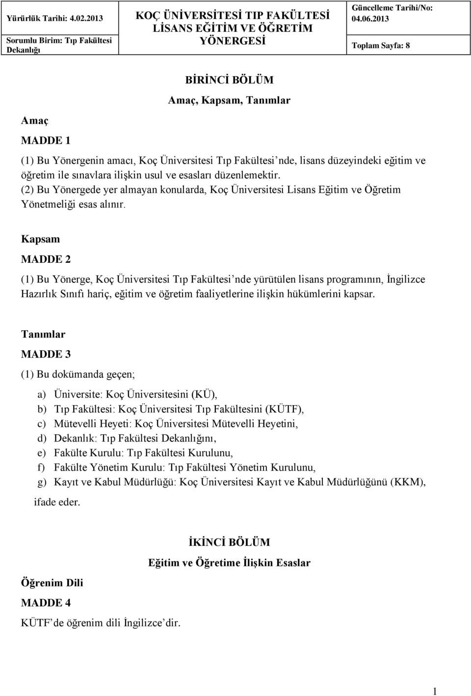 Kapsam MADDE 2 (1) Bu Yönerge, Koç Üniversitesi Tıp Fakültesi nde yürütülen lisans programının, İngilizce Hazırlık Sınıfı hariç, eğitim ve öğretim faaliyetlerine ilişkin hükümlerini kapsar.