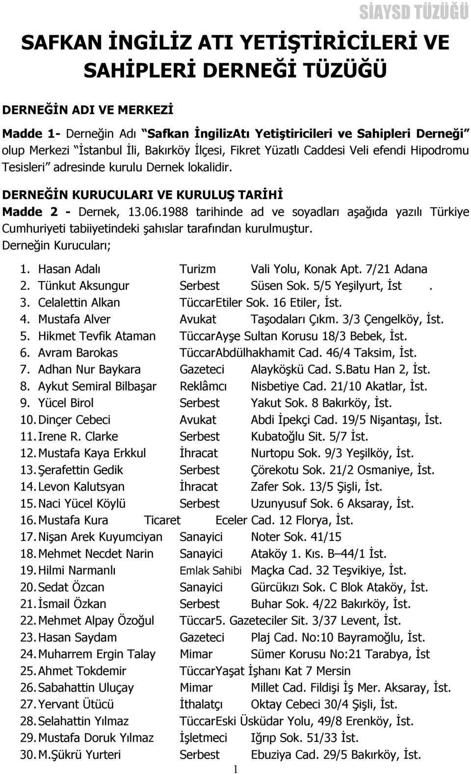 1988 tarihinde ad ve soyadları aşağıda yazılı Türkiye Cumhuriyeti tabiiyetindeki şahıslar tarafından kurulmuştur. Derneğin Kurucuları; 1. Hasan Adalı Turizm Vali Yolu, Konak Apt. 7/21 Adana 2.