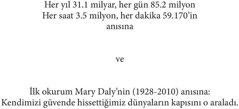 170 in anısına ve İlk okurum Mary Daly nin