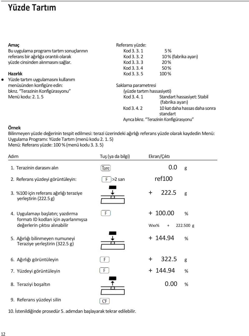 Terazinin Konfigürasyonu (yüzde tartım hassasiyeti) Menü kodu: 2. 1. 5 Kod 3. 4. 1 Standart hassasiyet: Stabil (fabrika ayarı) Kod 3. 4. 2 10 kat daha hassas daha sonra standart Ayrıca bknz.