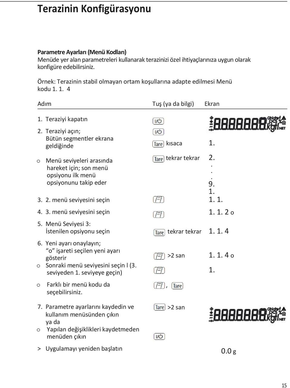 Teraziyi açın; Bütün segmentler ekrana geldiğinde o Menü seviyeleri arasında hareket için; son menü opsiyonu ilk menü opsiyonunu takip eder 3. 2. menü seviyesini seçin 4. 3. menü seviyesini seçin 5.