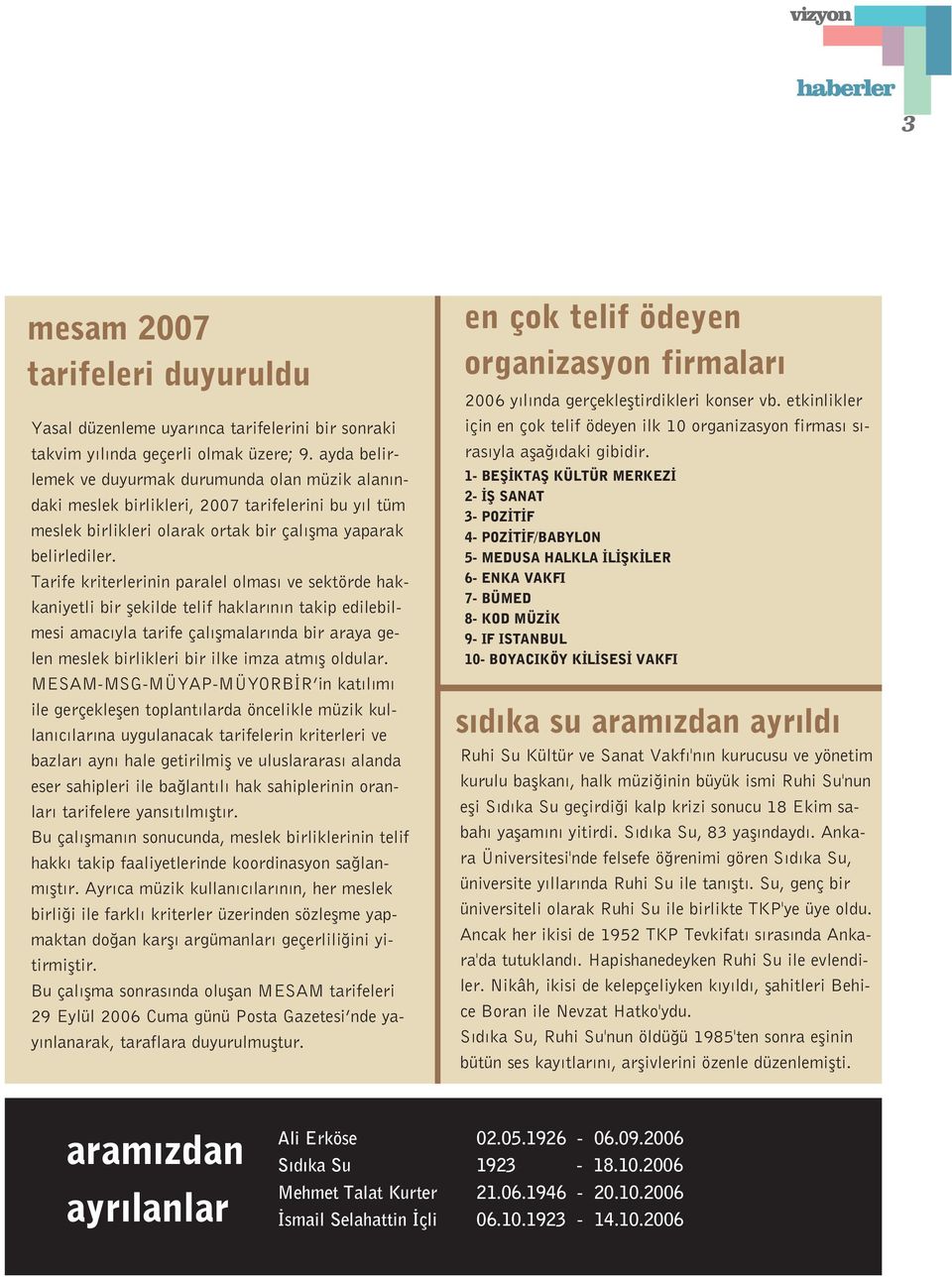 Tarife kriterlerinin paralel olmas ve sektörde hakkaniyetli bir flekilde telif haklar n n takip edilebilmesi amac yla tarife çal flmalar nda bir araya gelen meslek birlikleri bir ilke imza atm fl