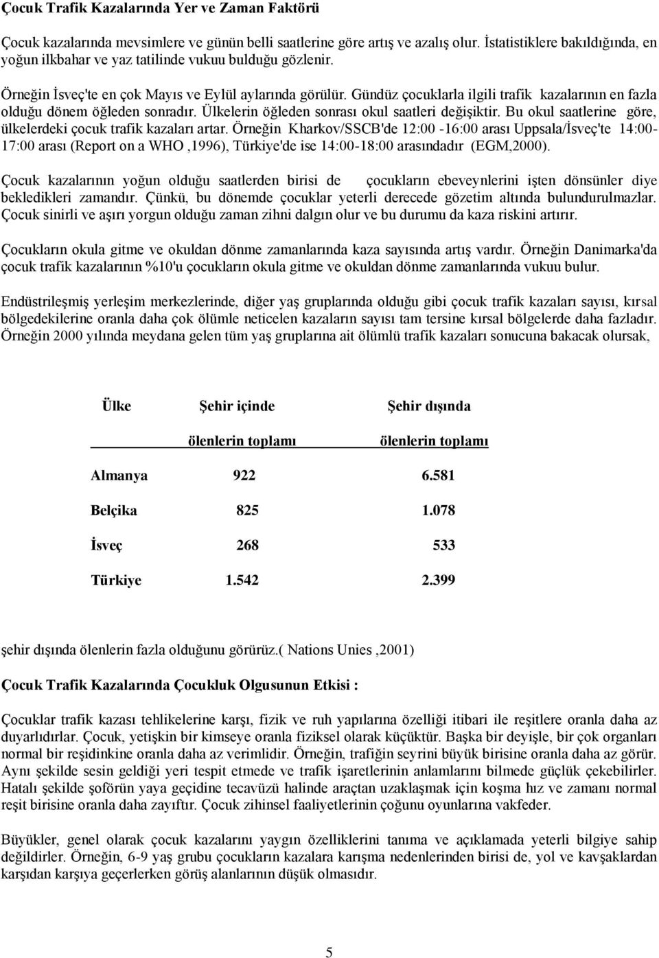 Gündüz çocuklarla ilgili trafik kazalarının en fazla olduğu dönem öğleden sonradır. Ülkelerin öğleden sonrası okul saatleri değiģiktir.