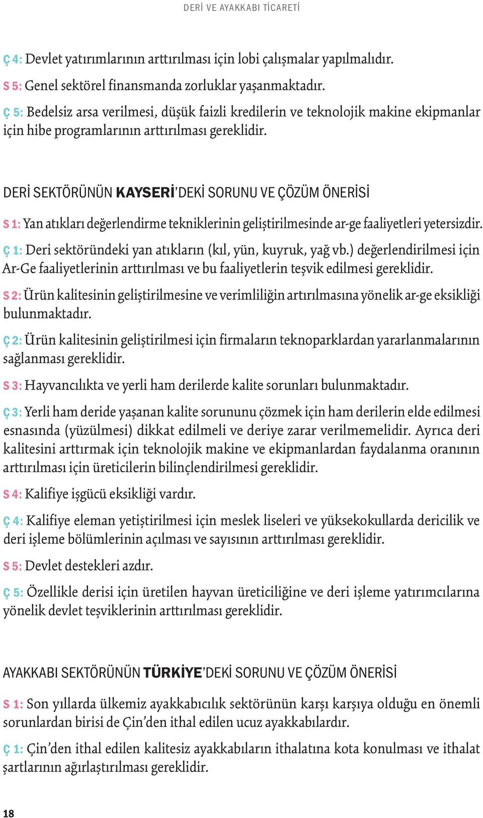 DERI SEKTÖRÜNÜN KAYSERI DEKI SORUNU VE ÇÖZÜM ÖNERISI S 1: Yan atıkları değerlendirme tekniklerinin geliştirilmesinde ar-ge faaliyetleri yetersizdir.