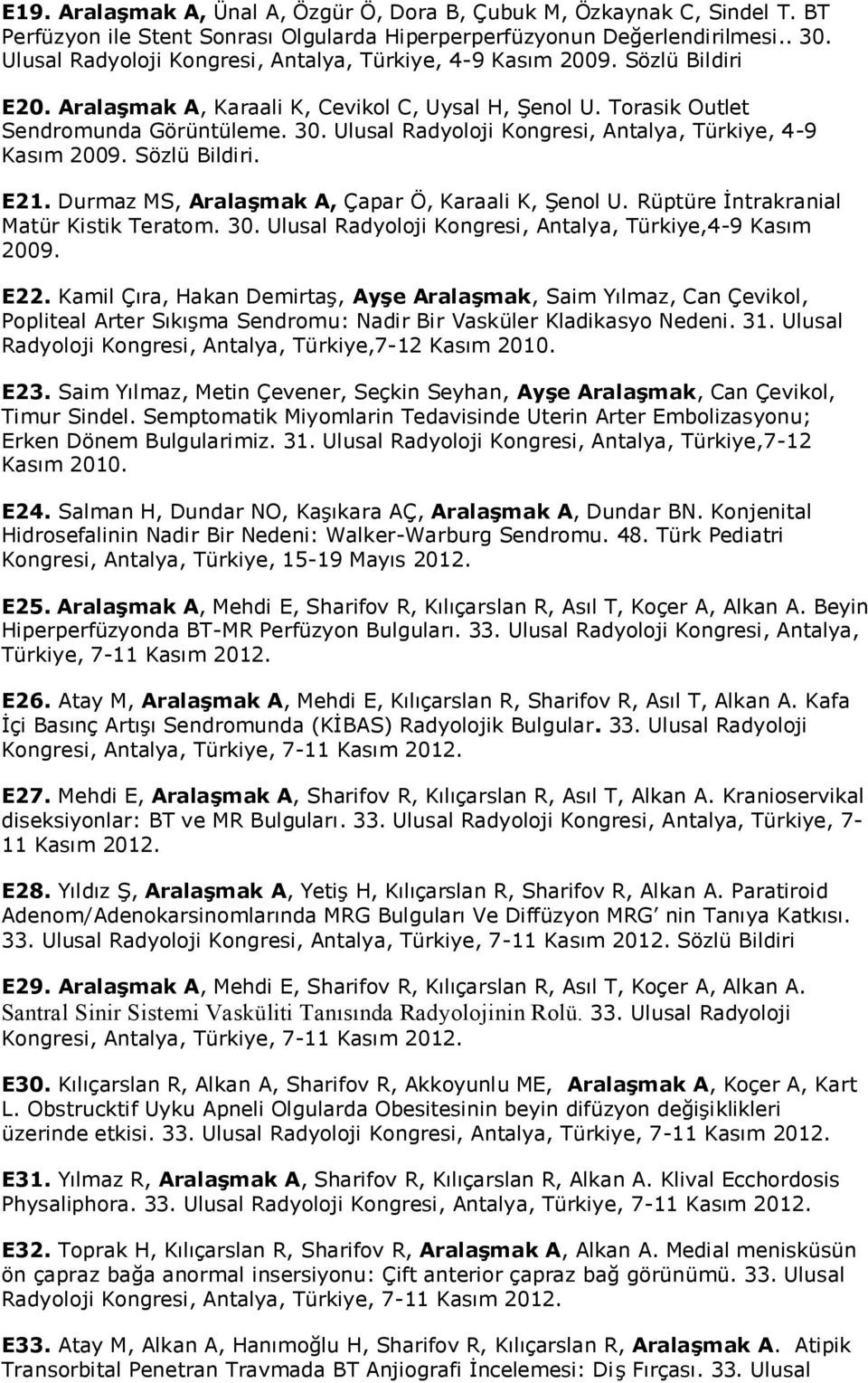 Ulusal Radyoloji Kongresi, Antalya, Türkiye, 4-9 Kasım 2009. Sözlü Bildiri. E21. Durmaz MS, Aralaşmak A, Çapar Ö, Karaali K, Şenol U. Rüptüre İntrakranial Matür Kistik Teratom. 30.