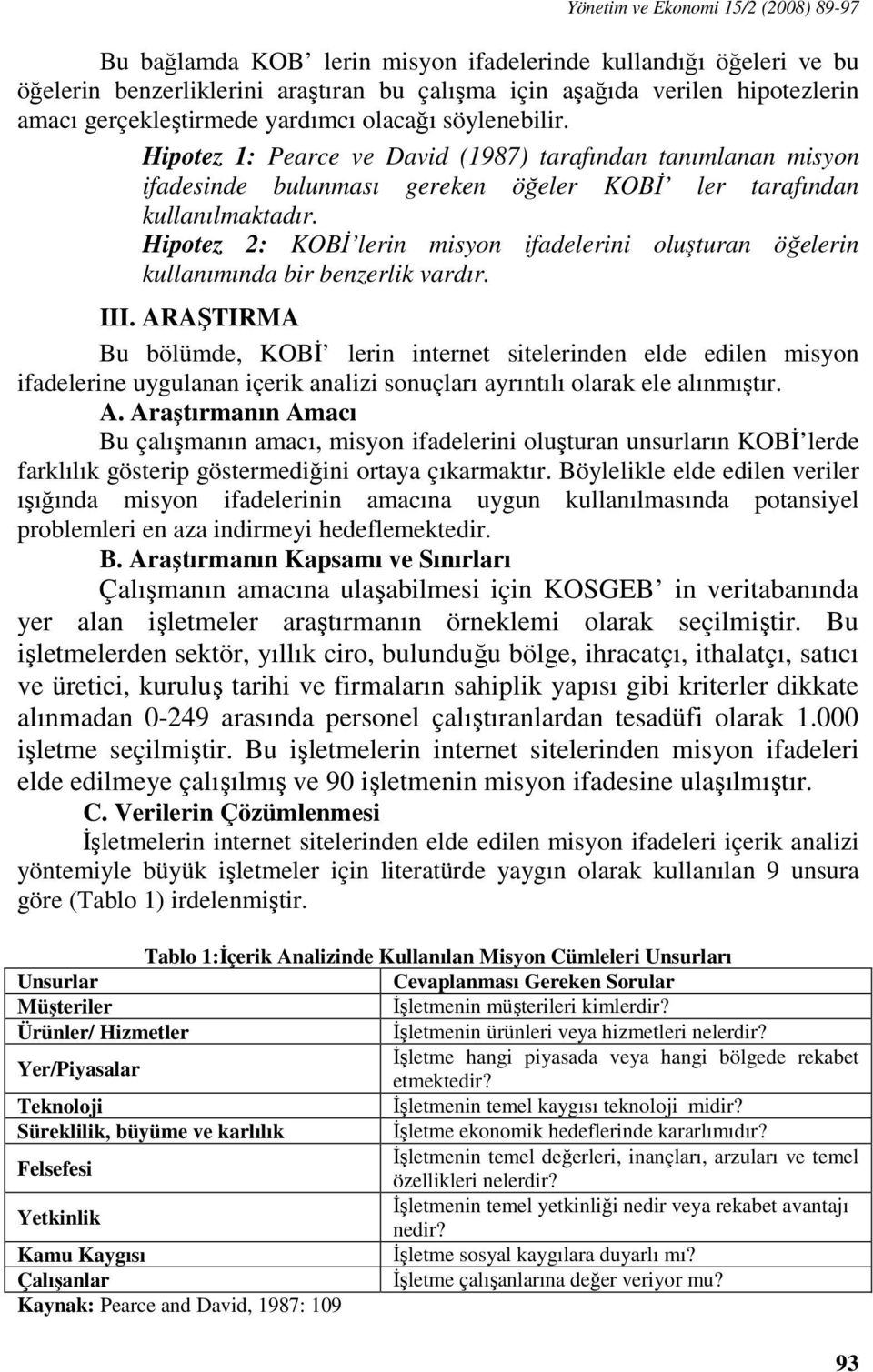 Hipotez 2: KOBİ lerin misyon ifadelerini oluşturan öğelerin kullanımında bir benzerlik vardır. III.