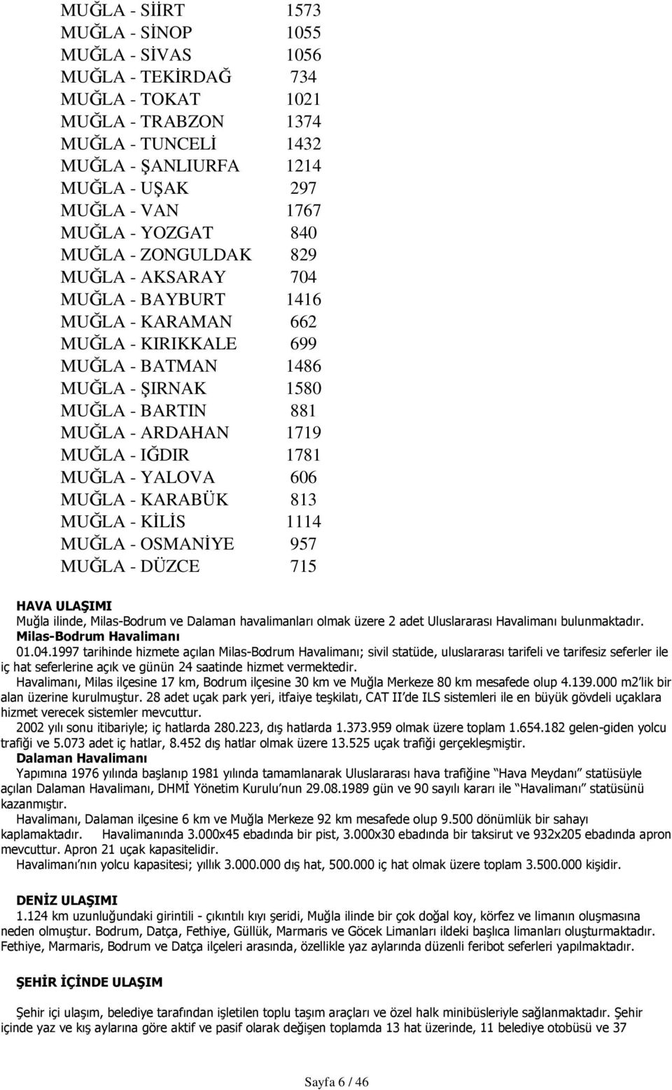 1719 MUĞLA - IĞDIR 1781 MUĞLA - YALOVA 606 MUĞLA - KARABÜK 813 MUĞLA - KİLİS 1114 MUĞLA - OSMANİYE 957 MUĞLA - DÜZCE 715 HAVA ULAŞIMI Muğla ilinde, Milas-Bodrum ve Dalaman havalimanları olmak üzere 2