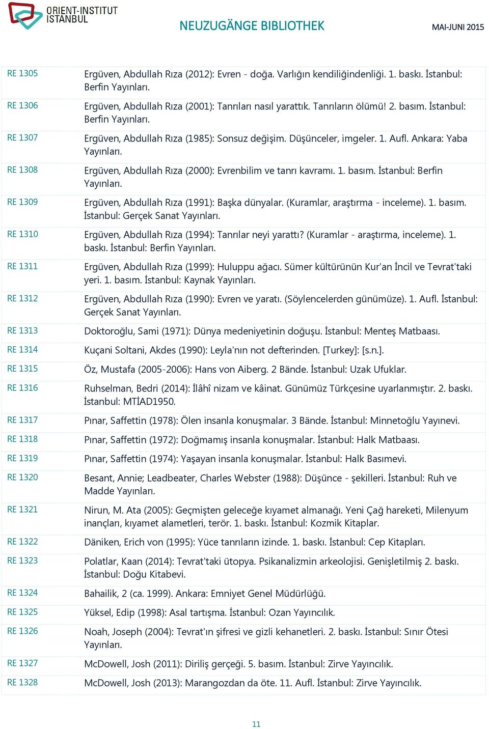 (Kuramlar, araştırma - inceleme). 1. basım. İstanbul: Gerçek Sanat RE 1310 Ergüven, Abdullah Rıza (1994): Tanrılar neyi yarattı? (Kuramlar - araştırma, inceleme). 1. baskı.