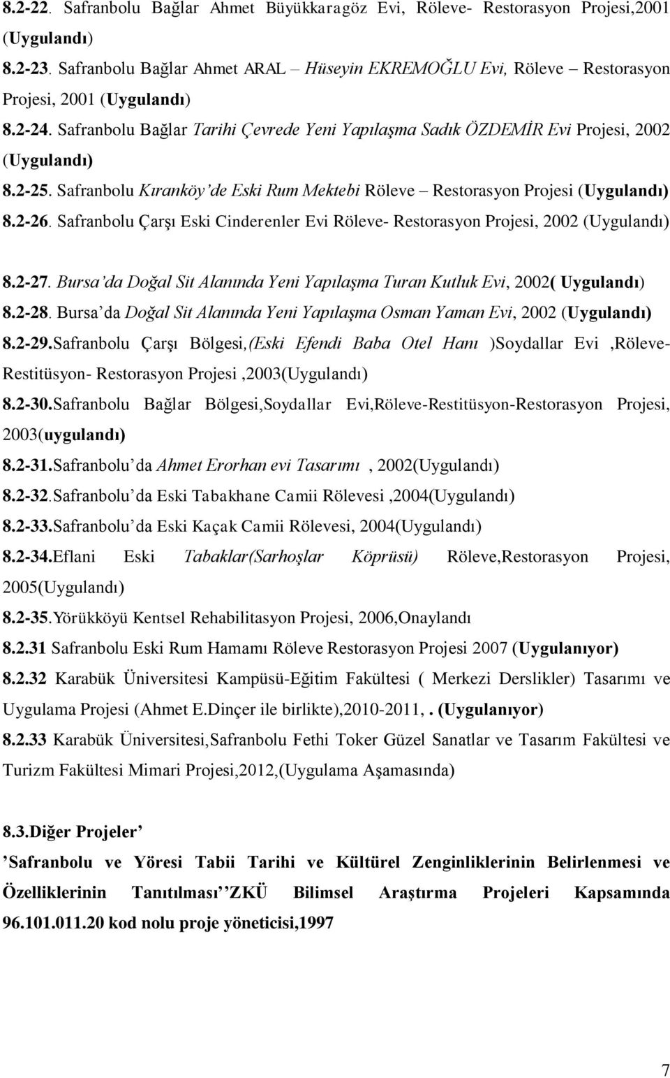 Safranbolu Çarşı Eski Cinderenler Evi Röleve- Restorasyon Projesi, 00 (Uygulandı) 8.-7. Bursa da Doğal Sit Alanında Yeni Yapılaşma Turan Kutluk Evi, 00( Uygulandı) 8.-8.