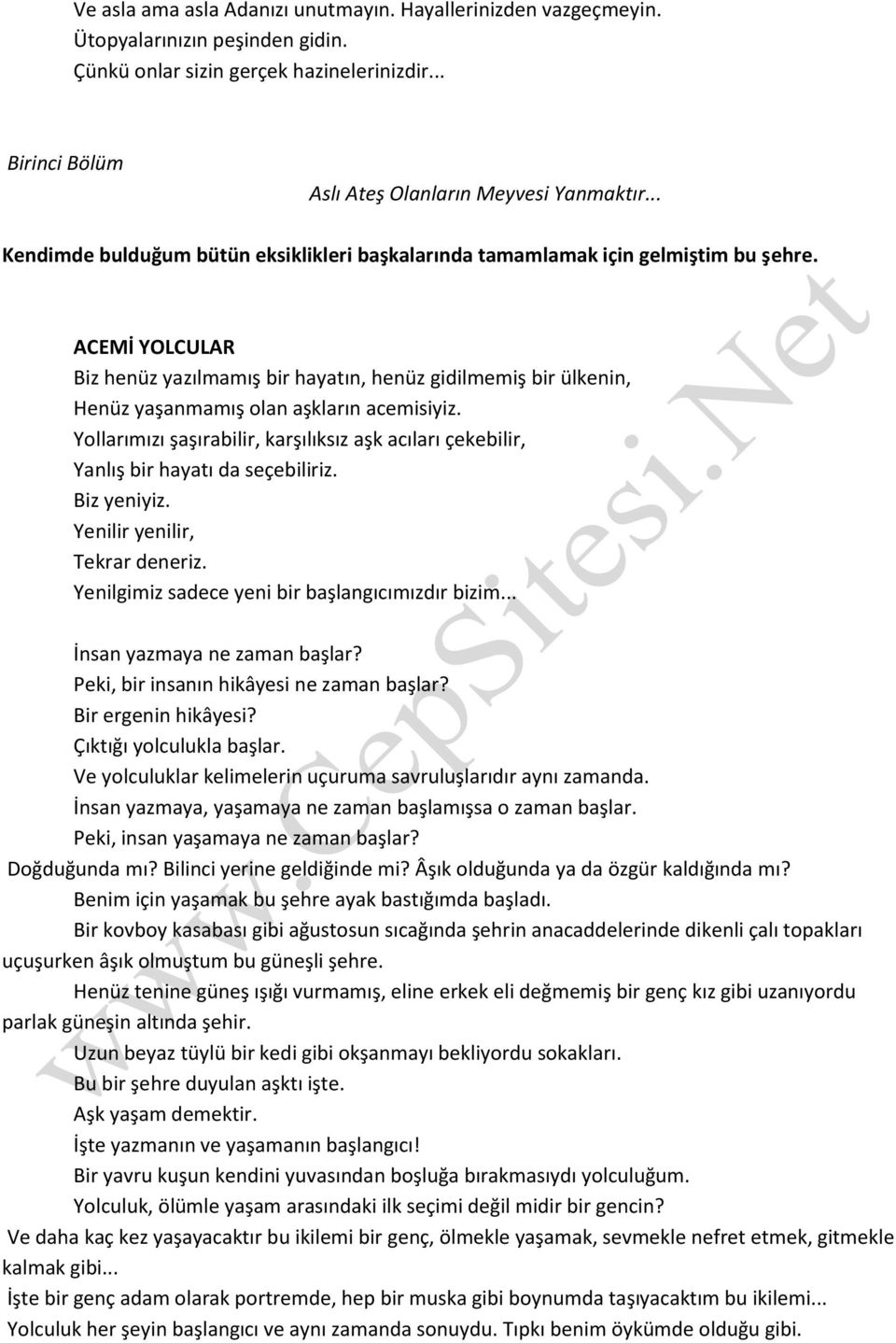 ACEMİ YOLCULAR Biz henüz yazılmamış bir hayatın, henüz gidilmemiş bir ülkenin, Henüz yaşanmamış olan aşkların acemisiyiz.