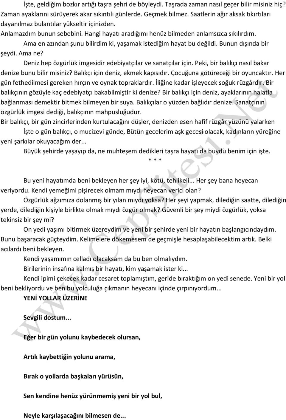 Ama en azından şunu bilirdim ki, yaşamak istediğim hayat bu değildi. Bunun dışında bir şeydi. Ama ne? Deniz hep özgürlük imgesidir edebiyatçılar ve sanatçılar için.