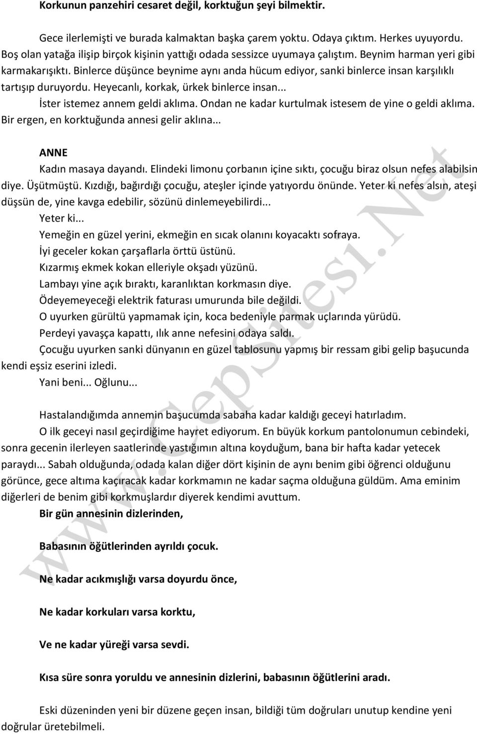 Binlerce düşünce beynime aynı anda hücum ediyor, sanki binlerce insan karşılıklı tartışıp duruyordu. Heyecanlı, korkak, ürkek binlerce insan... İster istemez annem geldi aklıma.