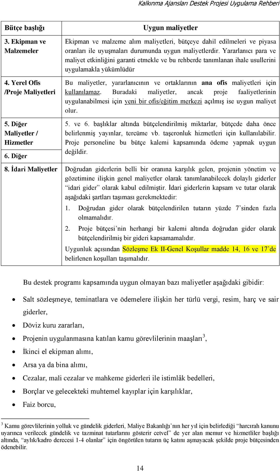 Yararlanıcı para ve maliyet etkinliğini garanti etmekle ve bu rehberde tanımlanan ihale usullerini uygulamakla yükümlüdür Bu maliyetler, yararlanıcının ve ortaklarının ana ofis maliyetleri için