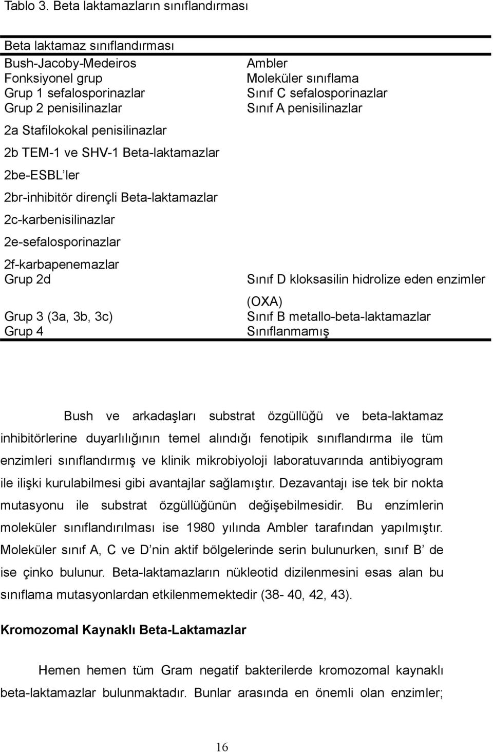 Beta-laktamazlar 2be-ESBL ler 2br-inhibitör dirençli Beta-laktamazlar 2c-karbenisilinazlar 2e-sefalosporinazlar 2f-karbapenemazlar Grup 2d Grup 3 (3a, 3b, 3c) Grup 4 Ambler Moleküler sınıflama Sınıf