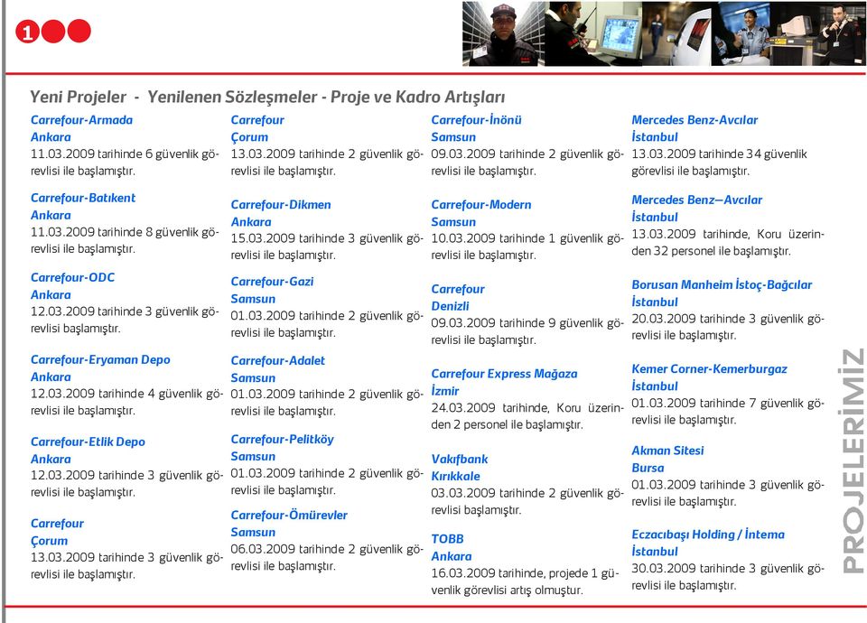 03.2009 tarihinde 1 güvenlik görevlisi Mercedes Benz Avcılar 13.03.2009 tarihinde, Koru üzerinden 32 personel Carrefour-ODC 12.03.2009 tarihinde 3 güvenlik görevlisi başlamıştır.