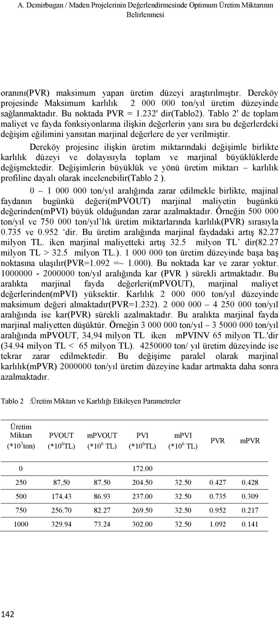 Tablo 2' de toplam maliyet ve fayda fonksiyonlarına ilişkin değerlerin yanı sıra bu değerlerdeki değişim eğilimini yansıtan marjinal değerlere de yer verilmiştir.