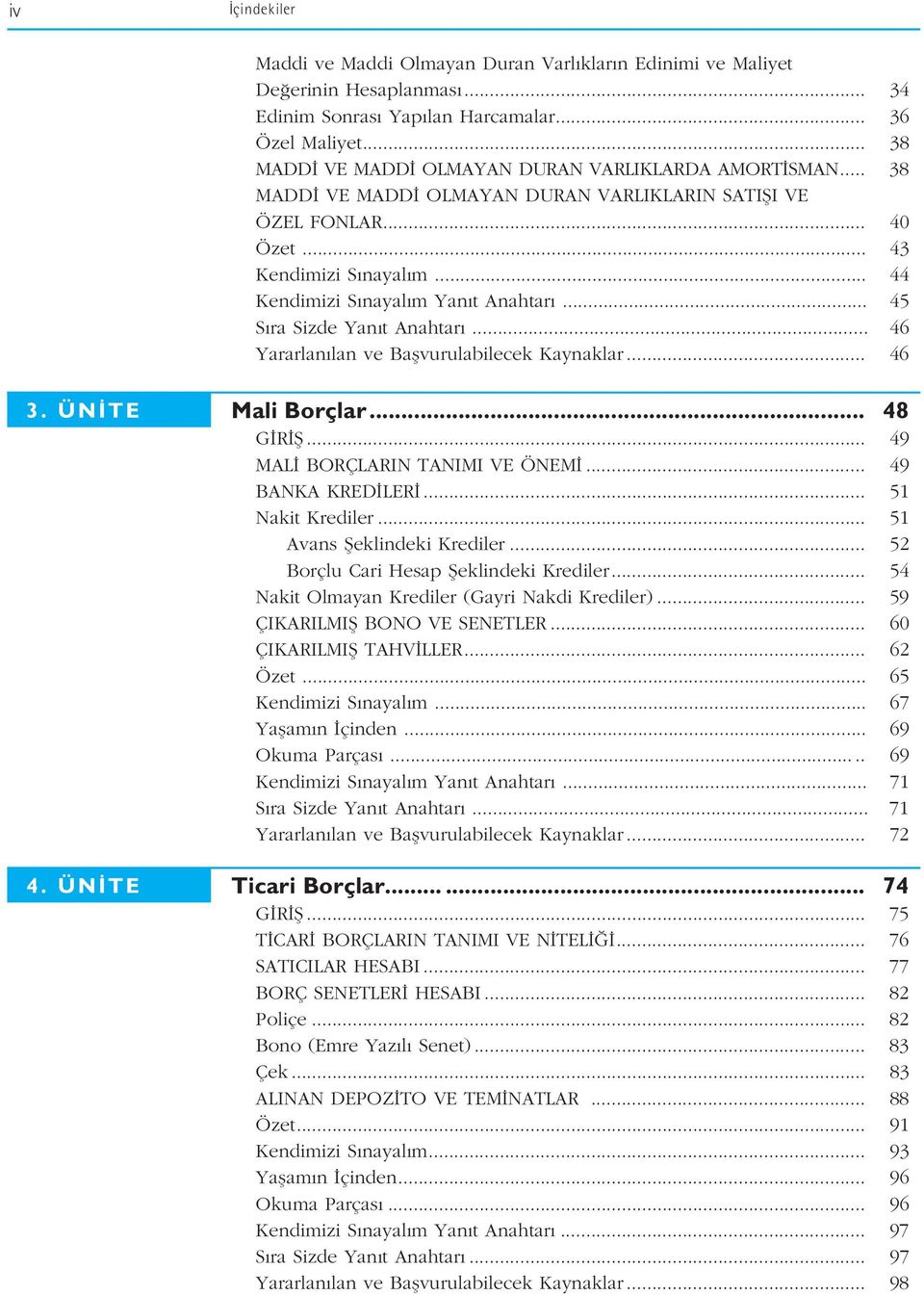 .. 45 S ra Sizde Yan t Anahtar... 46 Yararlan lan ve Baflvurulabilecek Kaynaklar... 46 3. ÜN TE 4. ÜN TE Mali Borçlar... 48 G R fi... 49 MAL BORÇLARIN TANIMI VE ÖNEM... 49 BANKA KRED LER.