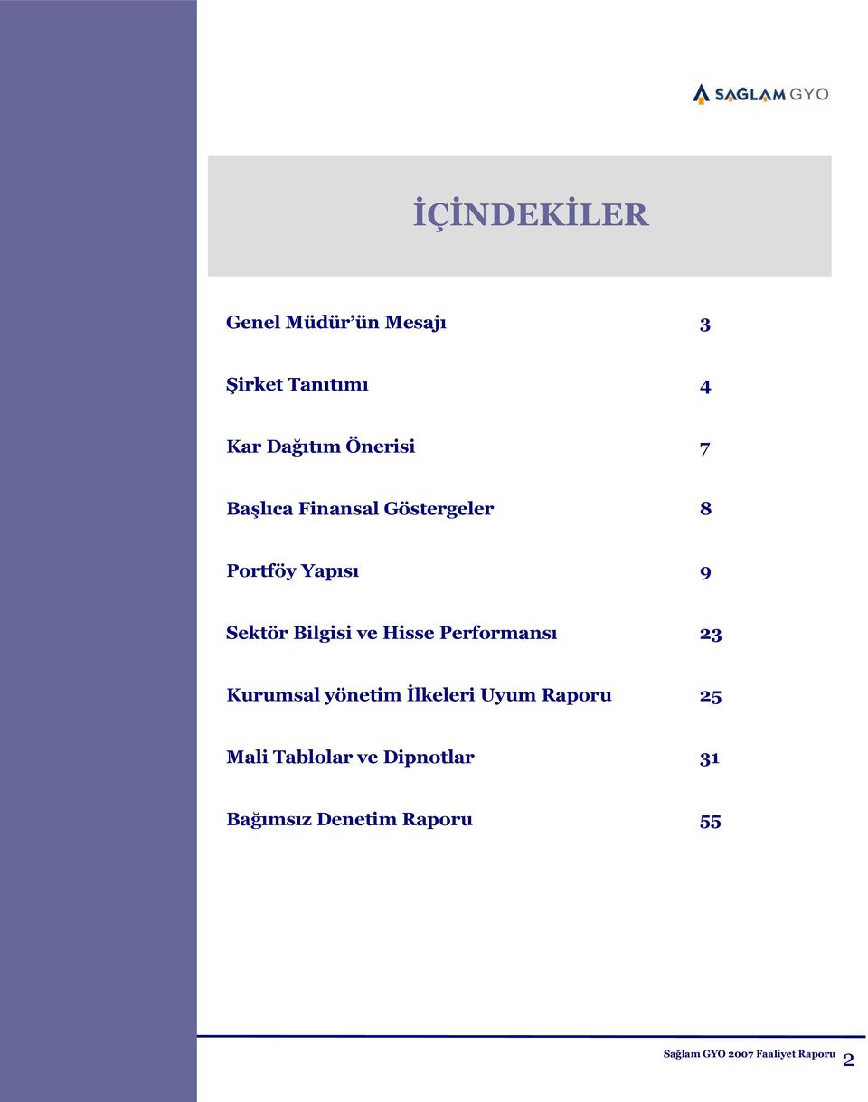 Yapısı 9 Sektör Bilgisi ve Hisse Performansı 23 Kurumsal yönetim