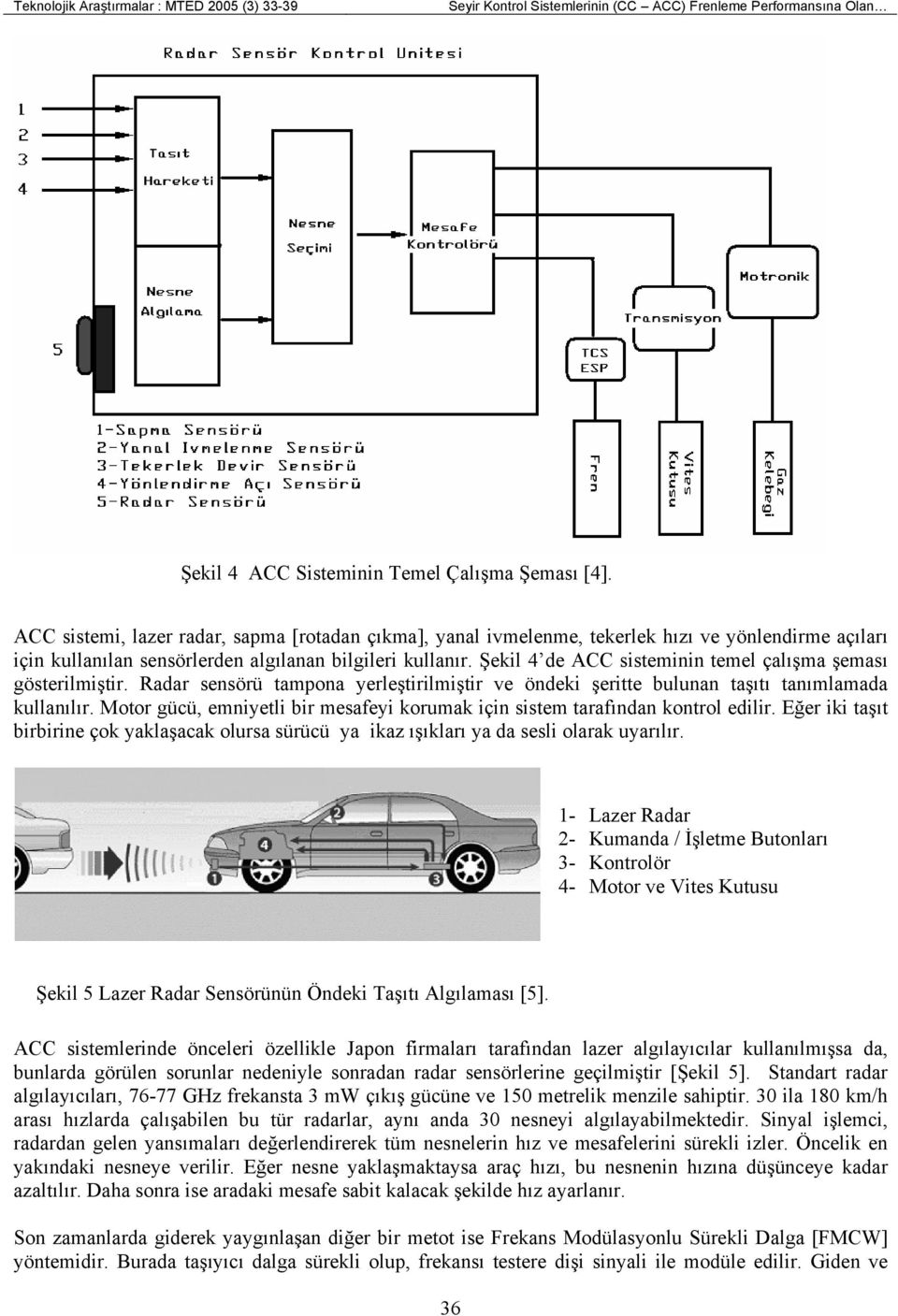 Şekil 4 de ACC sisteminin temel çalışma şeması gösterilmiştir. Radar sensörü tampona yerleştirilmiştir ve öndeki şeritte bulunan taşıtı tanımlamada kullanılır.