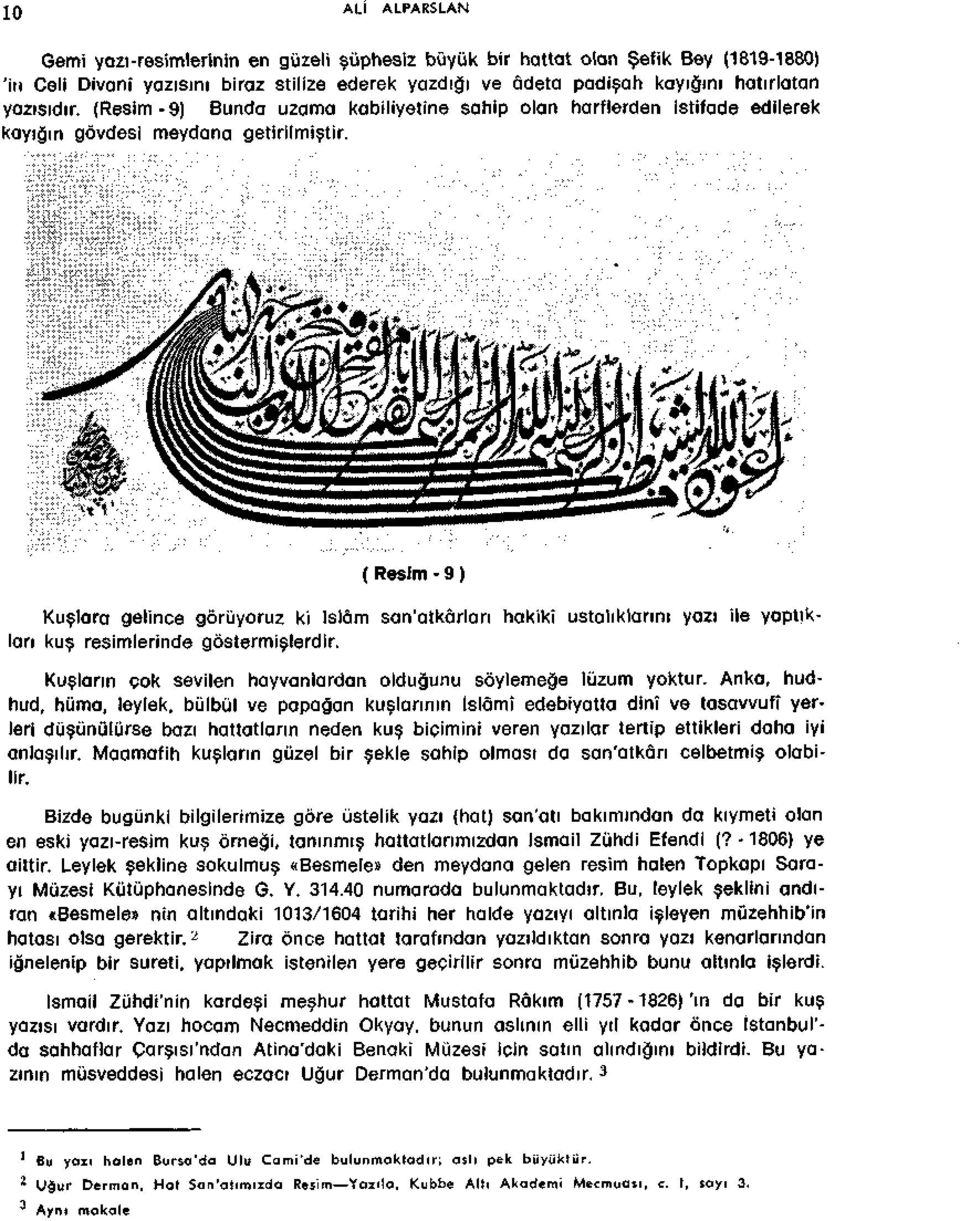 ( Resim - 9 ) Kuslara gelince gôrïiyoruz ki Islam san'atkârlan hakikî ustaliklarmi yazi ile yaptjklari kus resimlerinde gostermislerdir.