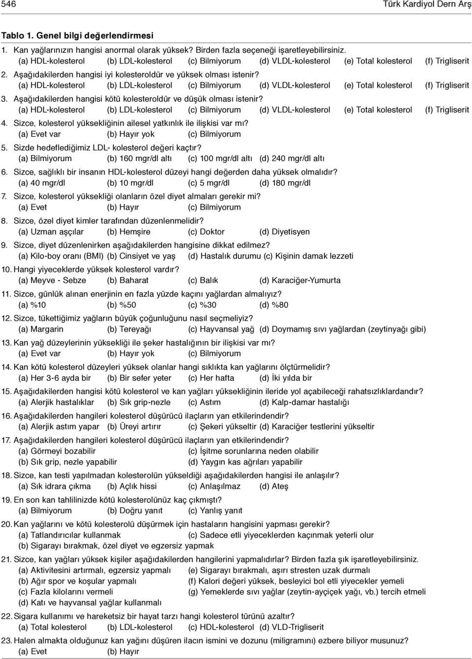 (a) HDL-kolesterol (b) LDL-kolesterol (c) Bilmiyorum (d) VLDL-kolesterol (e) Total kolesterol (f) Trigliserit 3. Aşağıdakilerden hangisi kötü kolesteroldür ve düşük olması istenir?